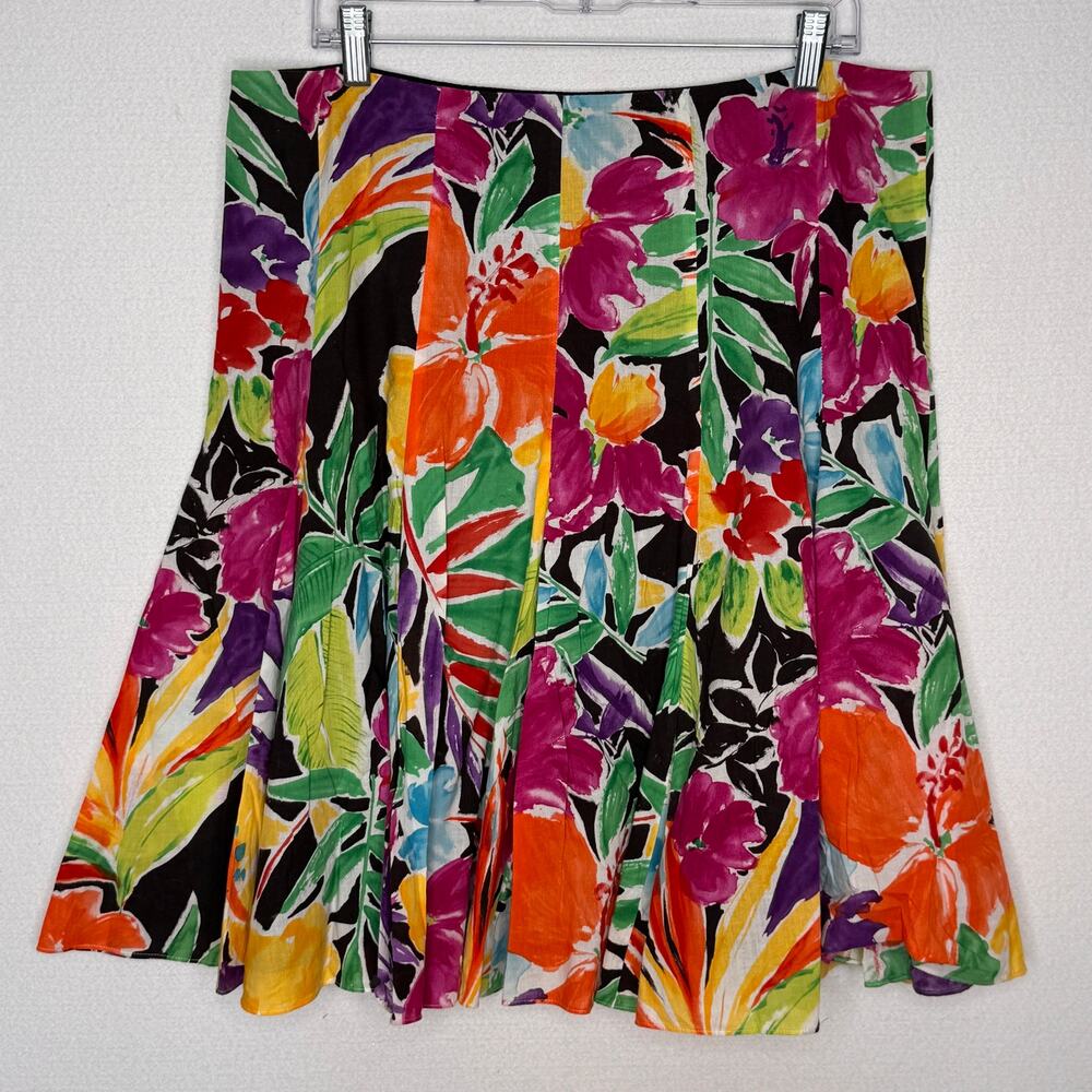 Lauren Ralph Lauren 2000s Floral Cotton Pleated Skirt Black Multicolor Size 14 - Picture 10 of 14